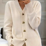 Women's V Neck Gold Heart Button Cardigan - Casual Chic