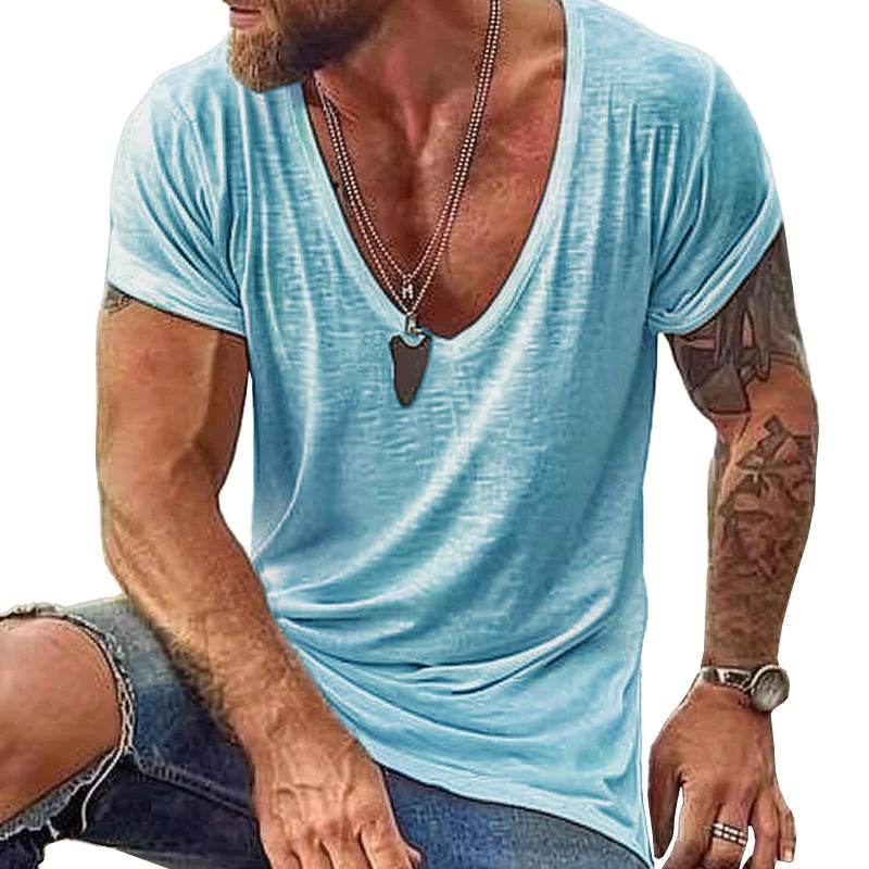 Men's Deep V-Neck T-Shirt Slub Texture Short Sleeve - Casual Wear