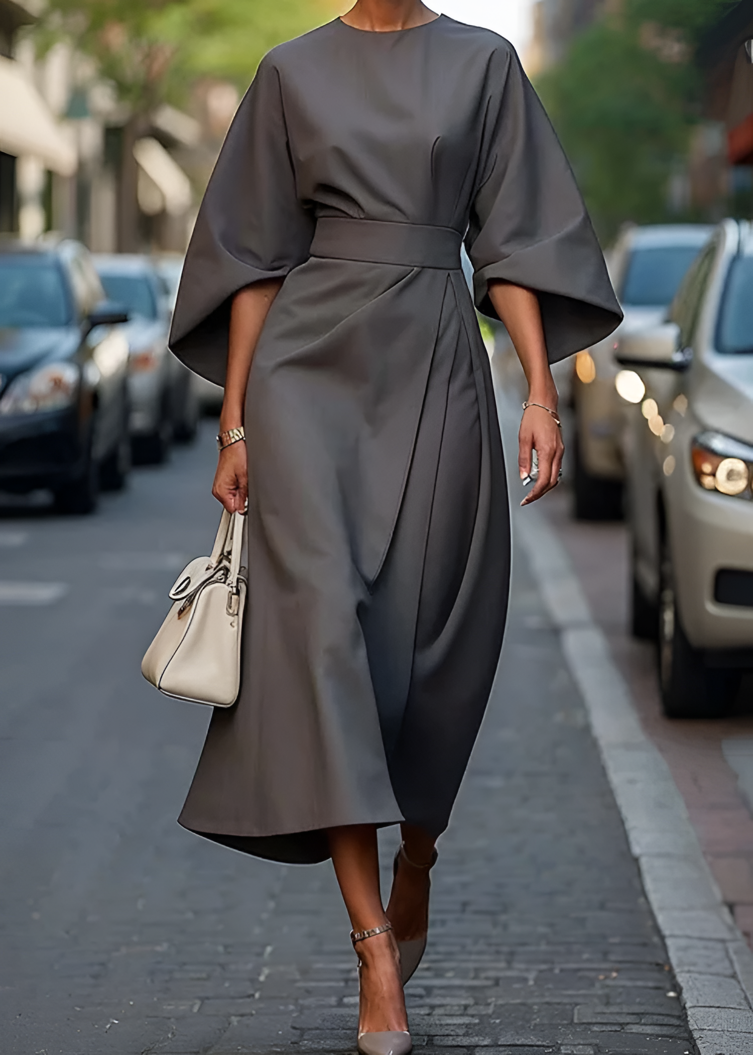 Women's Bell Sleeve Belted Wrap Dress - Professional Evening Wear