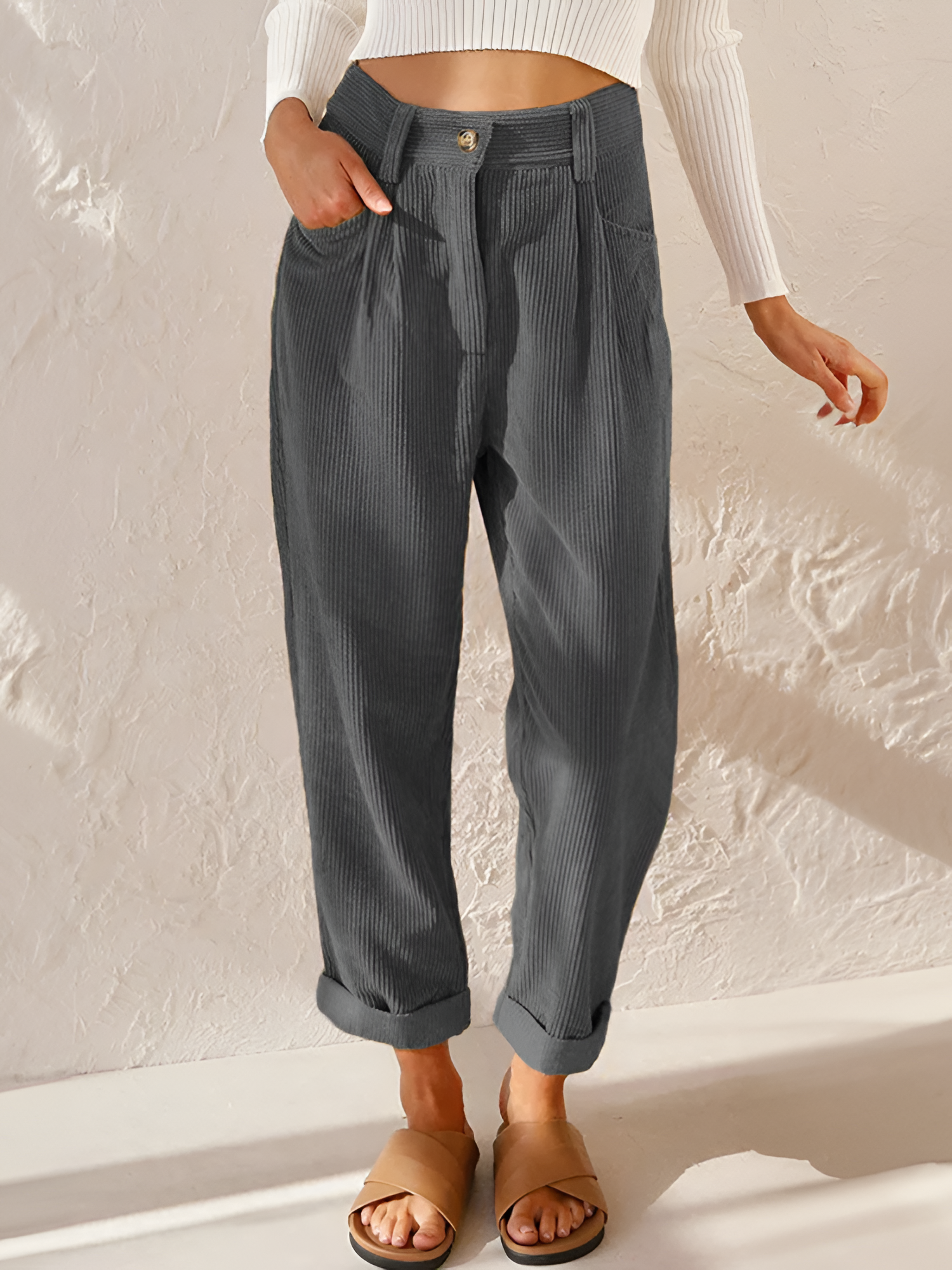 Women's High-Waisted Pleated Corduroy Trousers - Casual Daily Wear