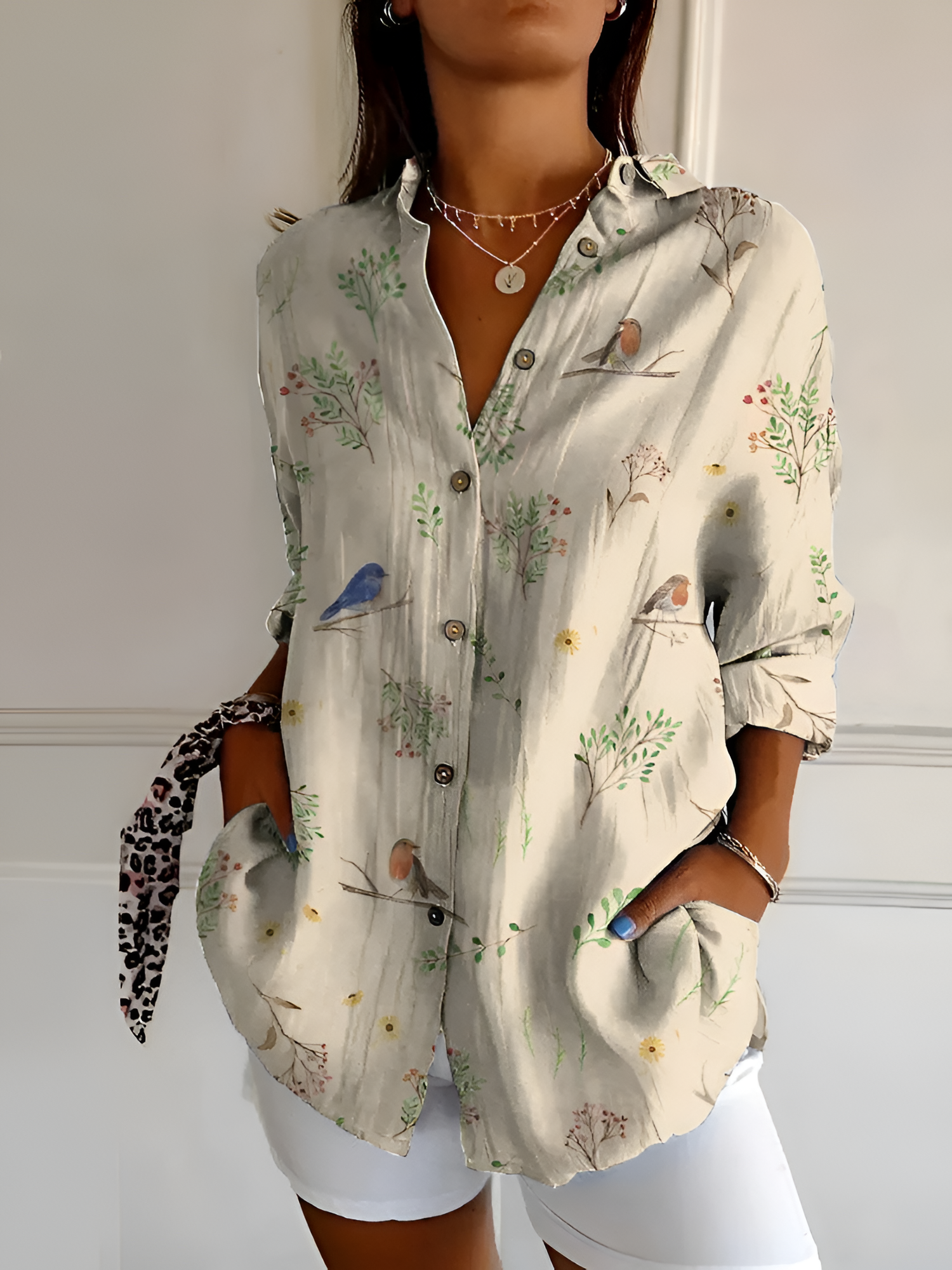 Women's Floral Print Long Sleeve Shirt - Casual Wear