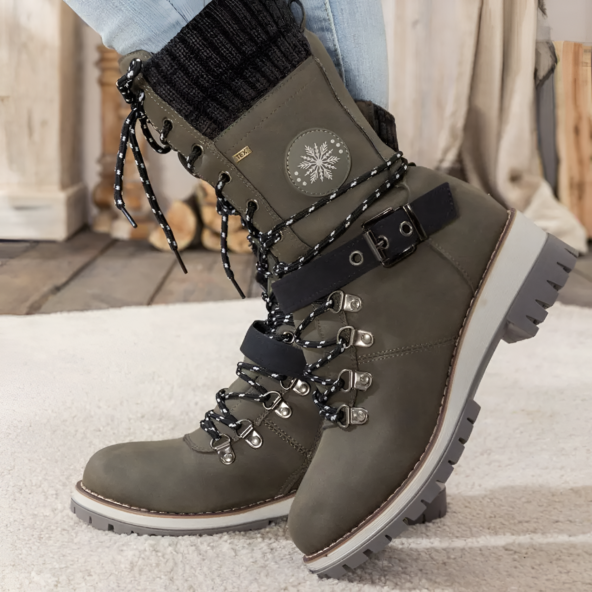 Women's Lace Up Buckle Mid Calf Boots - Winter Casual