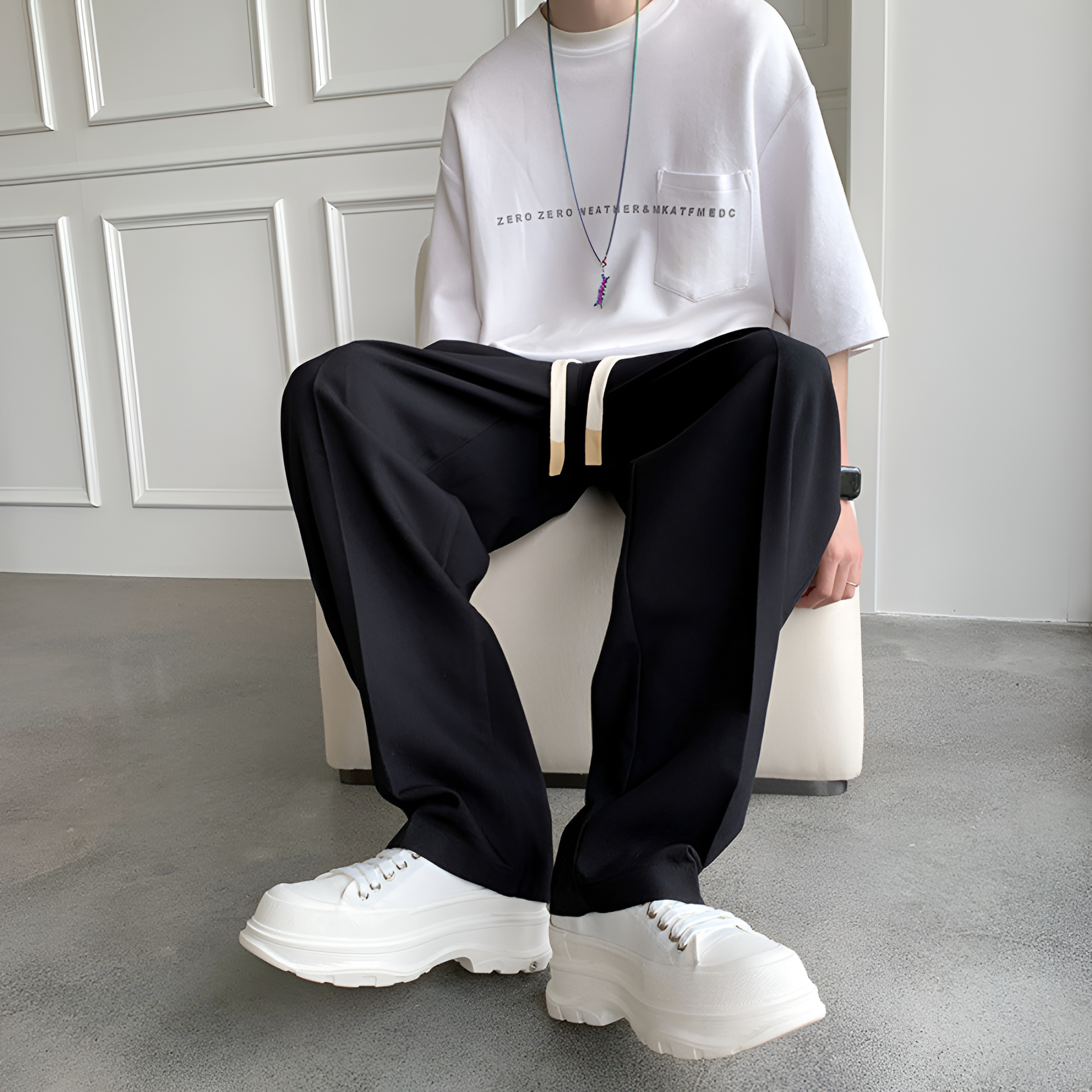 Men's Drawstring Wide Leg Pants - Casual Wear