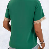 Women's Crochet Trim V-Neck Blouse - Casual Wear