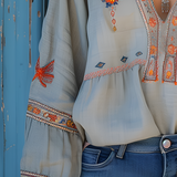Women's Embroidered V-Neck Boho Blouse - Casual Outing