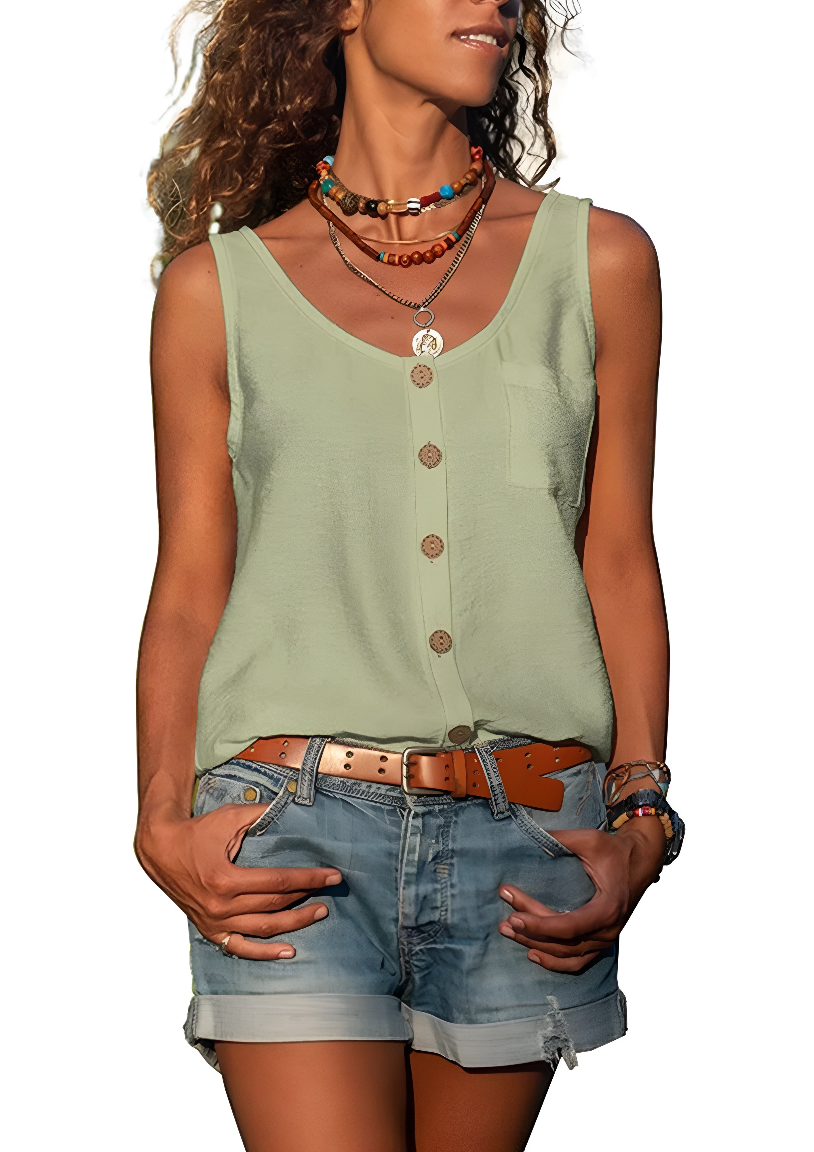 Women's Button Front Sleeveless Top - Summer Casual Wear