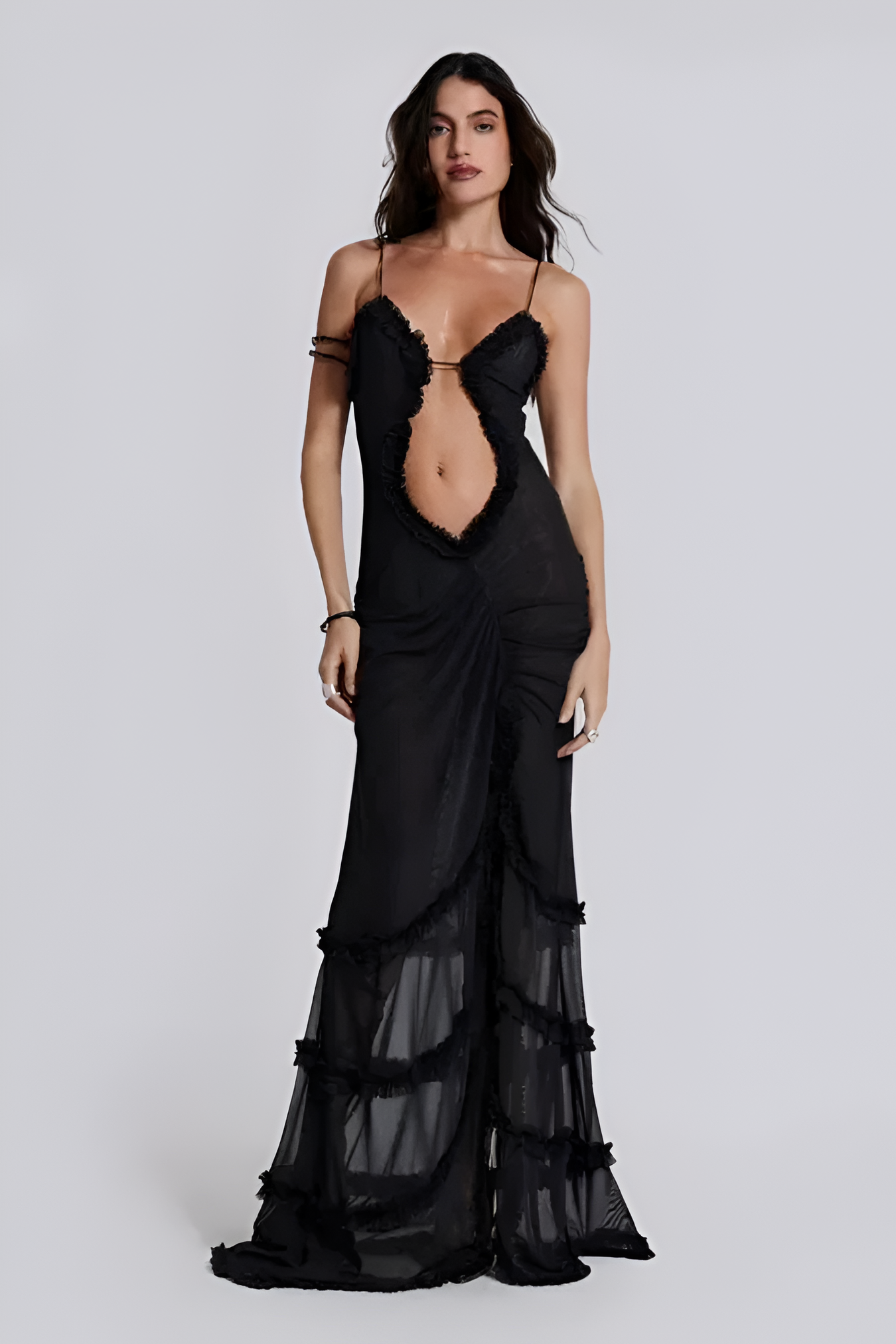 Women's Ruffle Trim Maxi Dress - Evening Party Wear