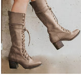 Women’s Lace-Up Knee High Boots - Sturdy Block Heel Fashion Wear
