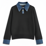 Women's Denim Panel Lapel Sweater - Casual Everyday Wear