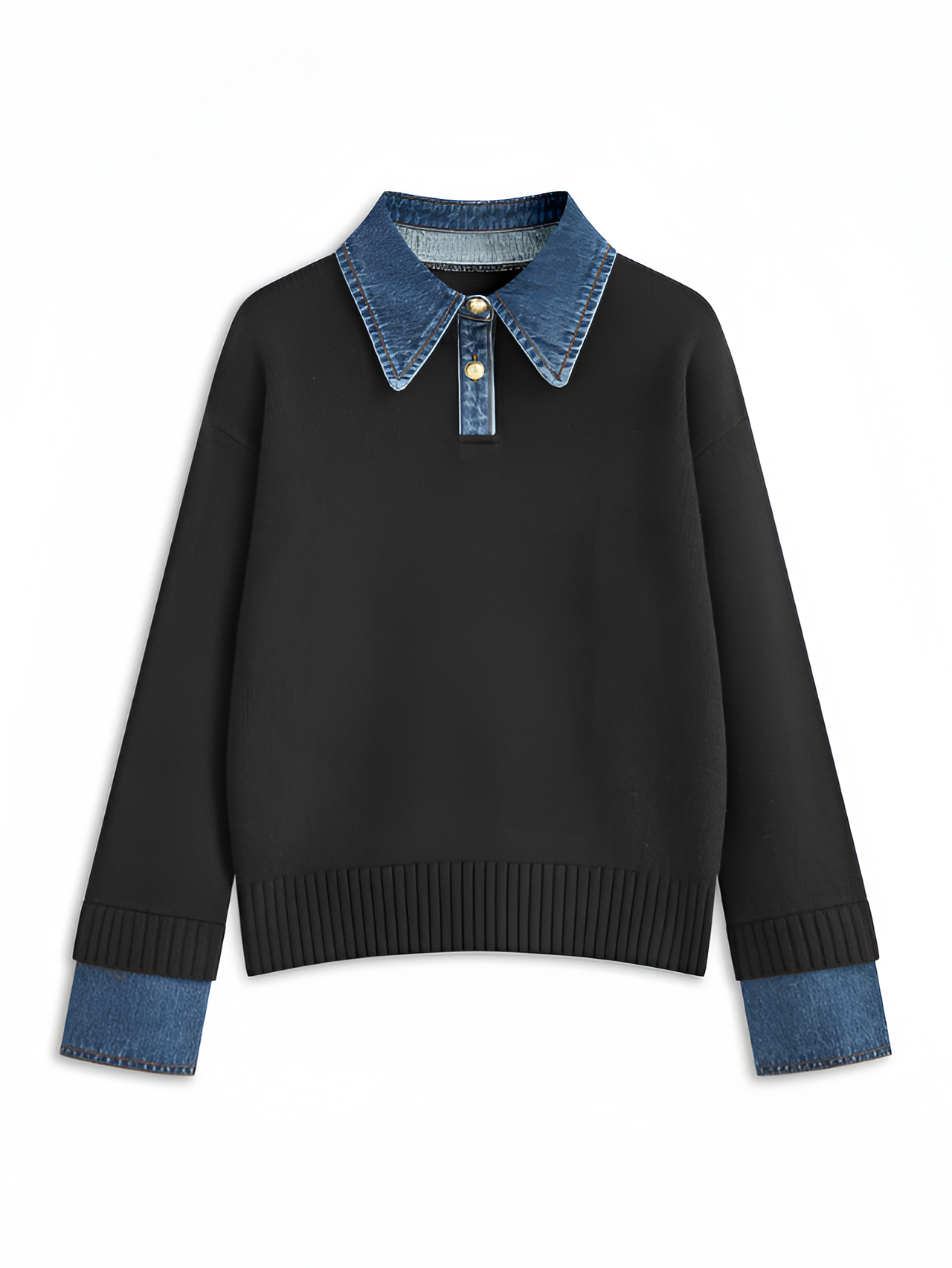 Women's Denim Panel Lapel Sweater - Casual Everyday Wear