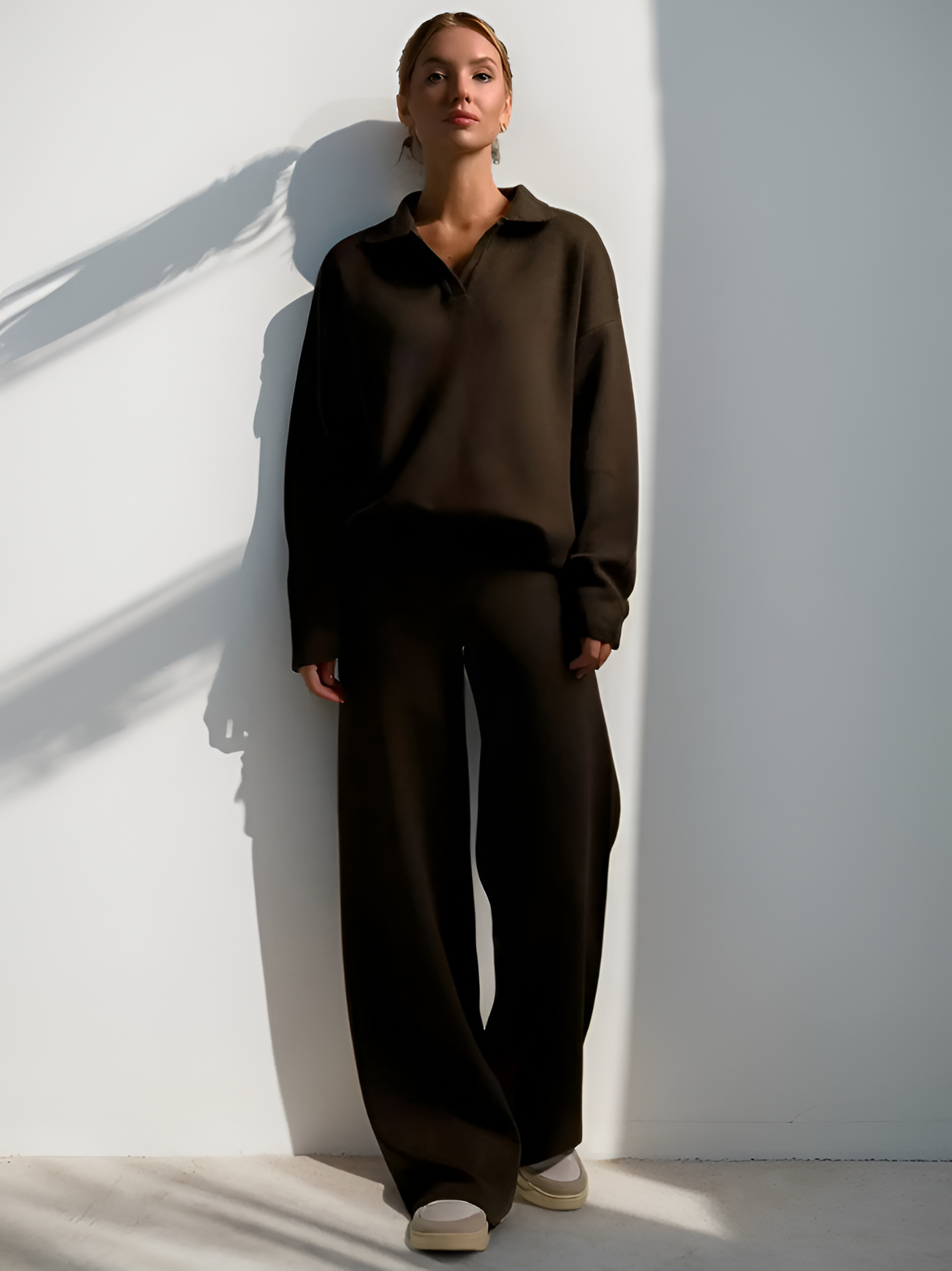 Women's Knit Polo Top And Wide Leg Pants Set - Casual Loungewear