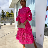 Women's High Neck Puff Sleeve Midi Dress - Wedding Guest