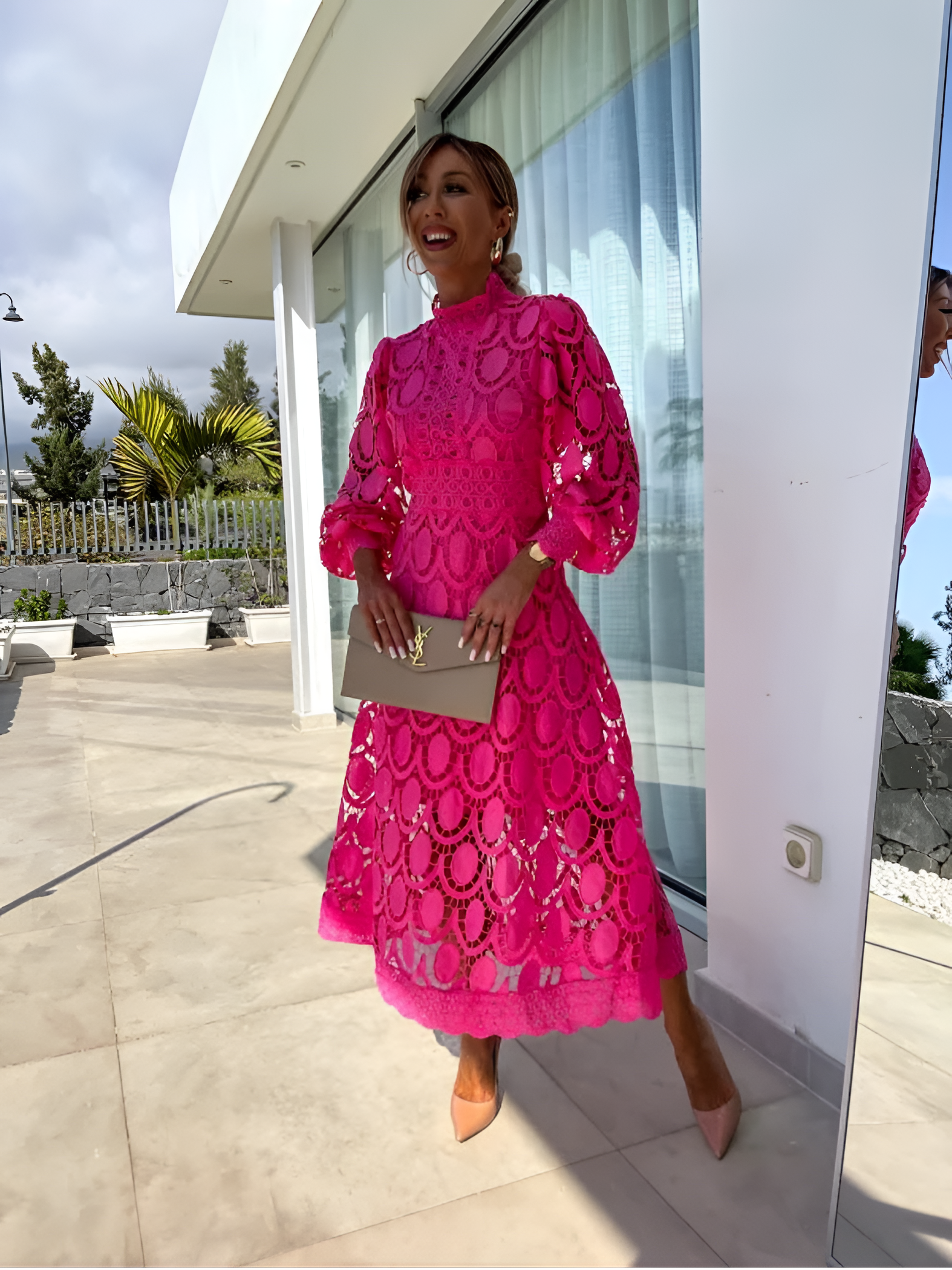 Women's High Neck Puff Sleeve Midi Dress - Wedding Guest
