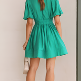 Women's V Neck Puff Sleeve Mini Dress - Party Wear