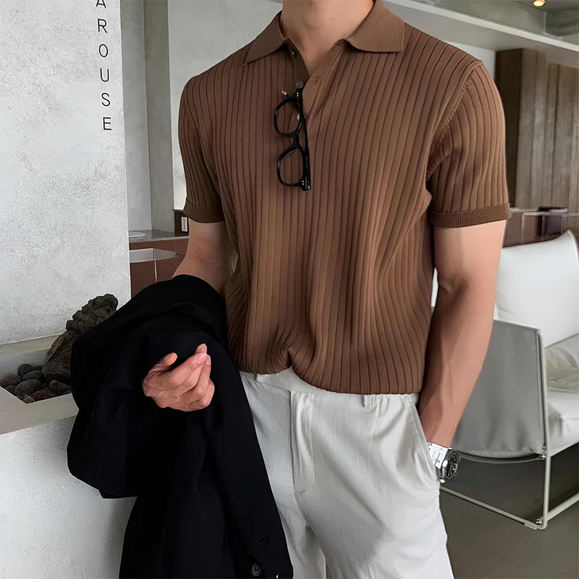 Men's Ribbed Knit Polo Shirt - Business Casual
