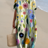 Women's Floral Print V Neck Midi Dress - Beach Vacation