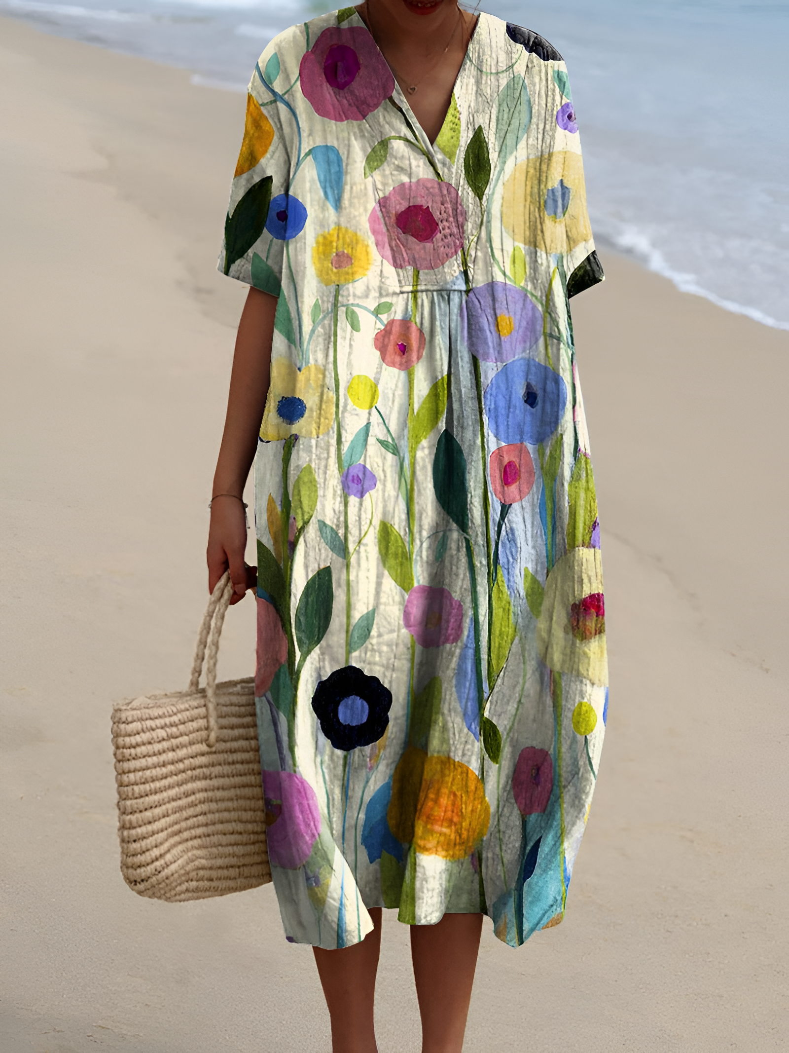 Women's Floral Print V Neck Midi Dress - Beach Vacation