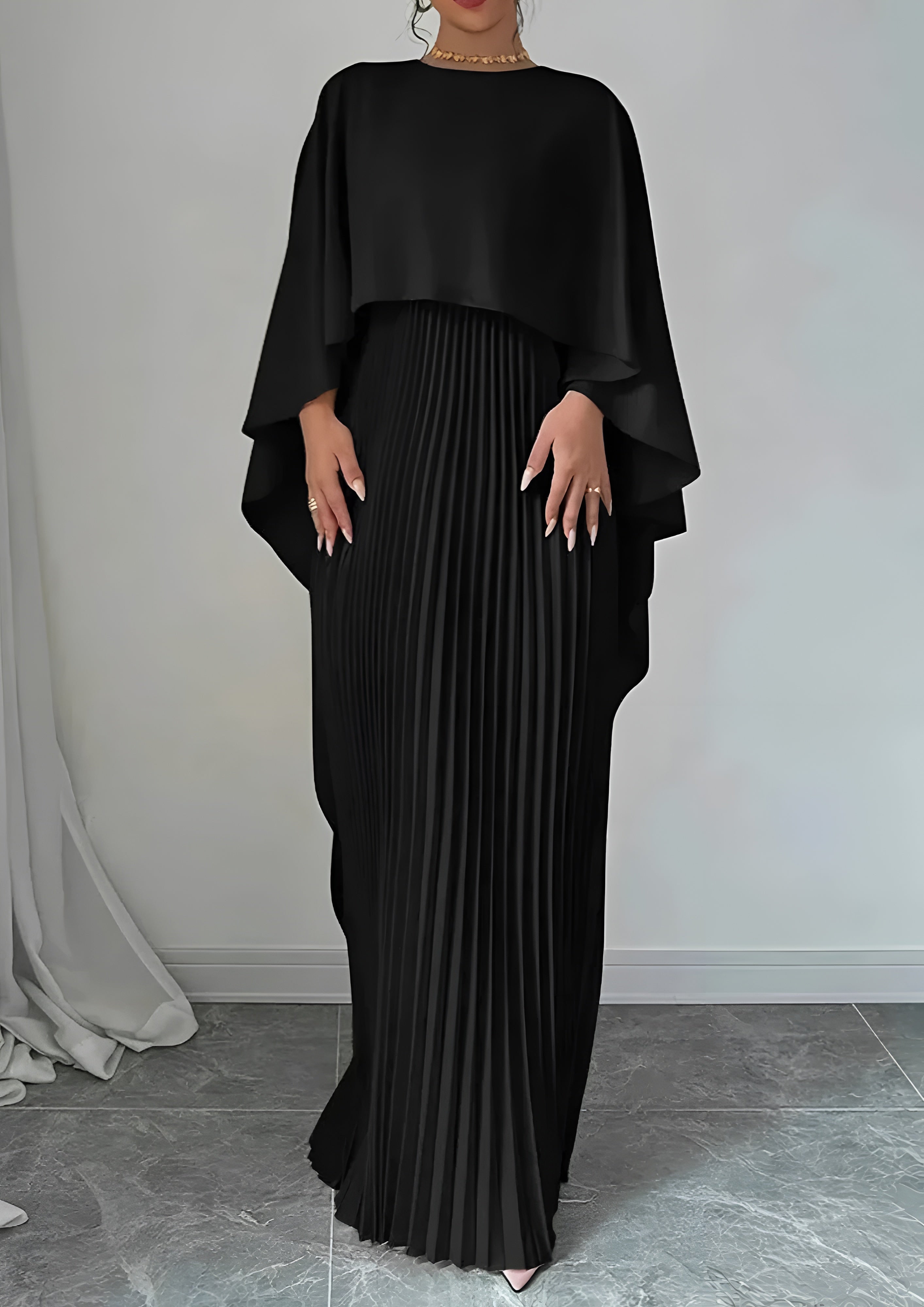 Women’s Pleated Cape Overlay Maxi Dress - Formal Events Wear