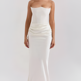 Women's Strapless Corset Bodice Draped Waist Maxi Dress - Special Occasion