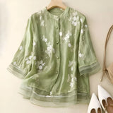 Women's Button-Down Blouse Floral Embroidery Sheer Trim - Casual Chic