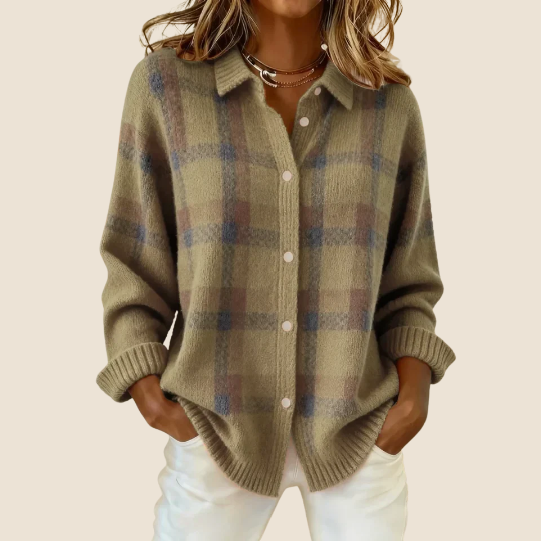 Womens Button-Up Sweater Plaid Pattern Relaxed Fit - Casual Wear