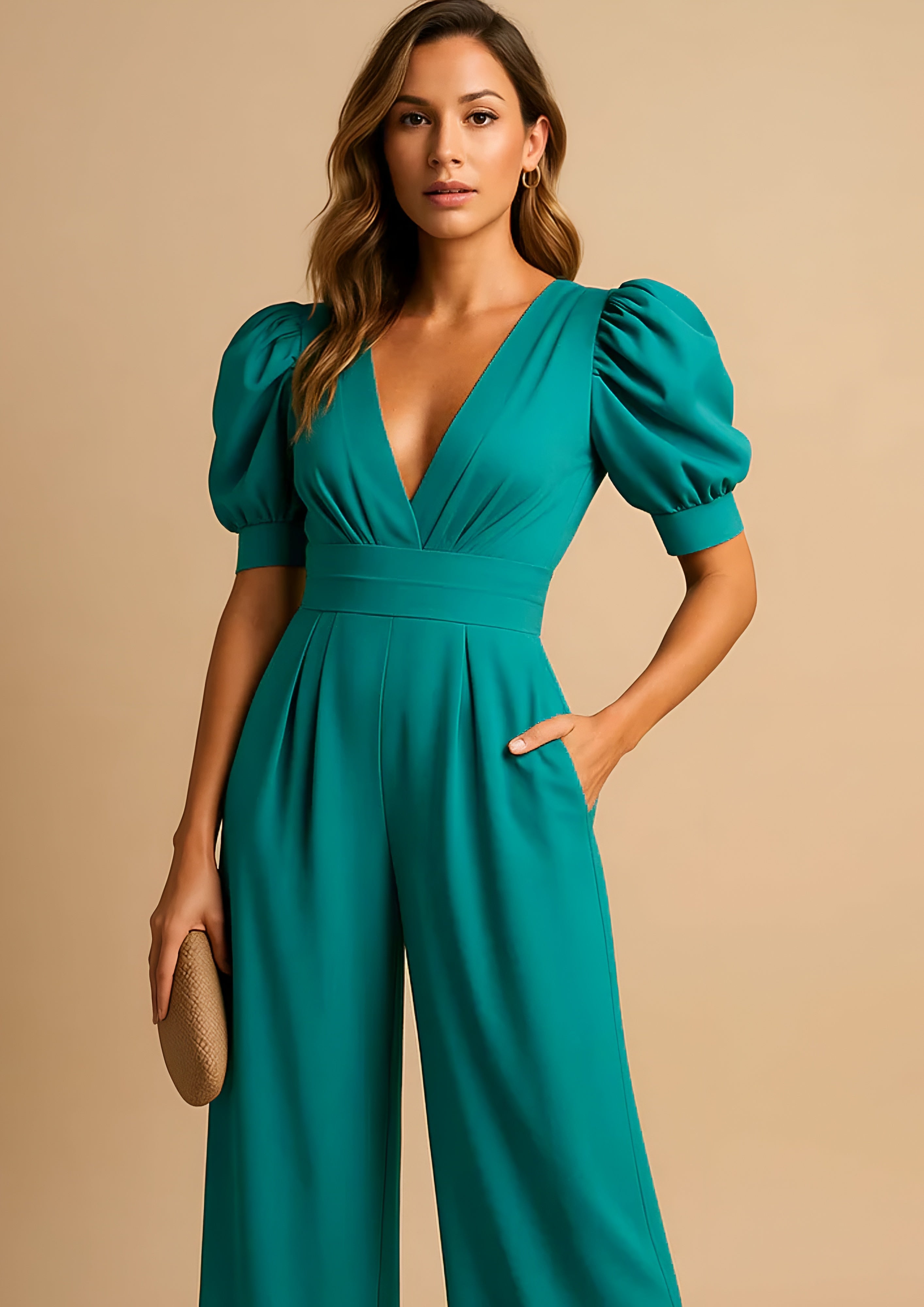 Women's Puff Sleeve Jumpsuit - Elegant Casual Wear