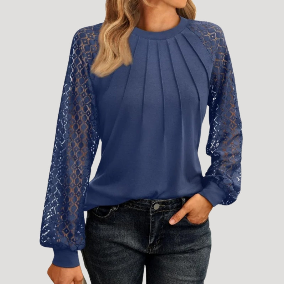 Womens Blouse Openwork Sleeves Pleated Front - Date Night