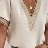 Women's Crochet Trim V-Neck Blouse - Casual Wear