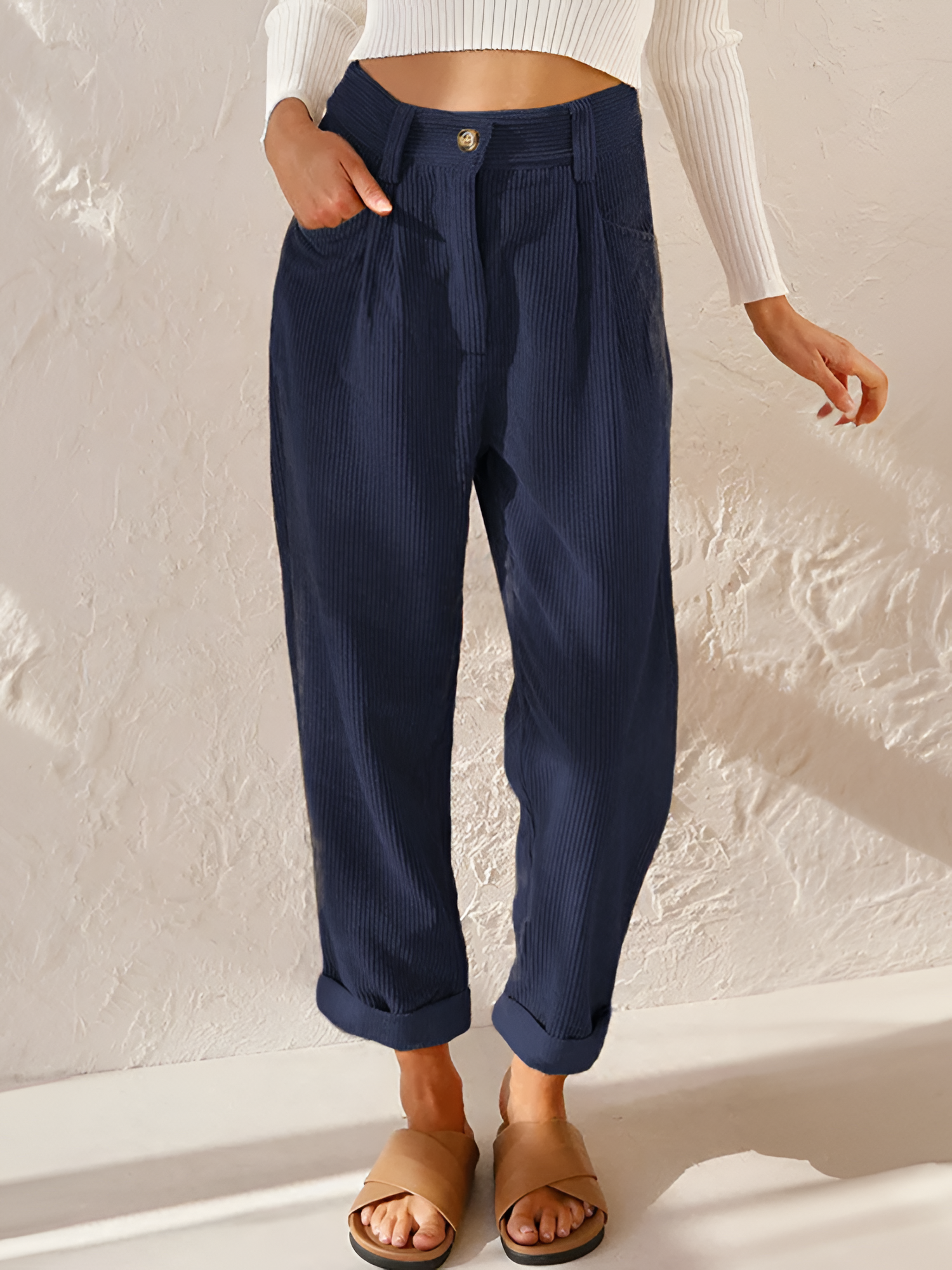 Women's High-Waisted Pleated Corduroy Trousers - Casual Daily Wear
