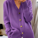 Women's V Neck Gold Heart Button Cardigan - Casual Chic