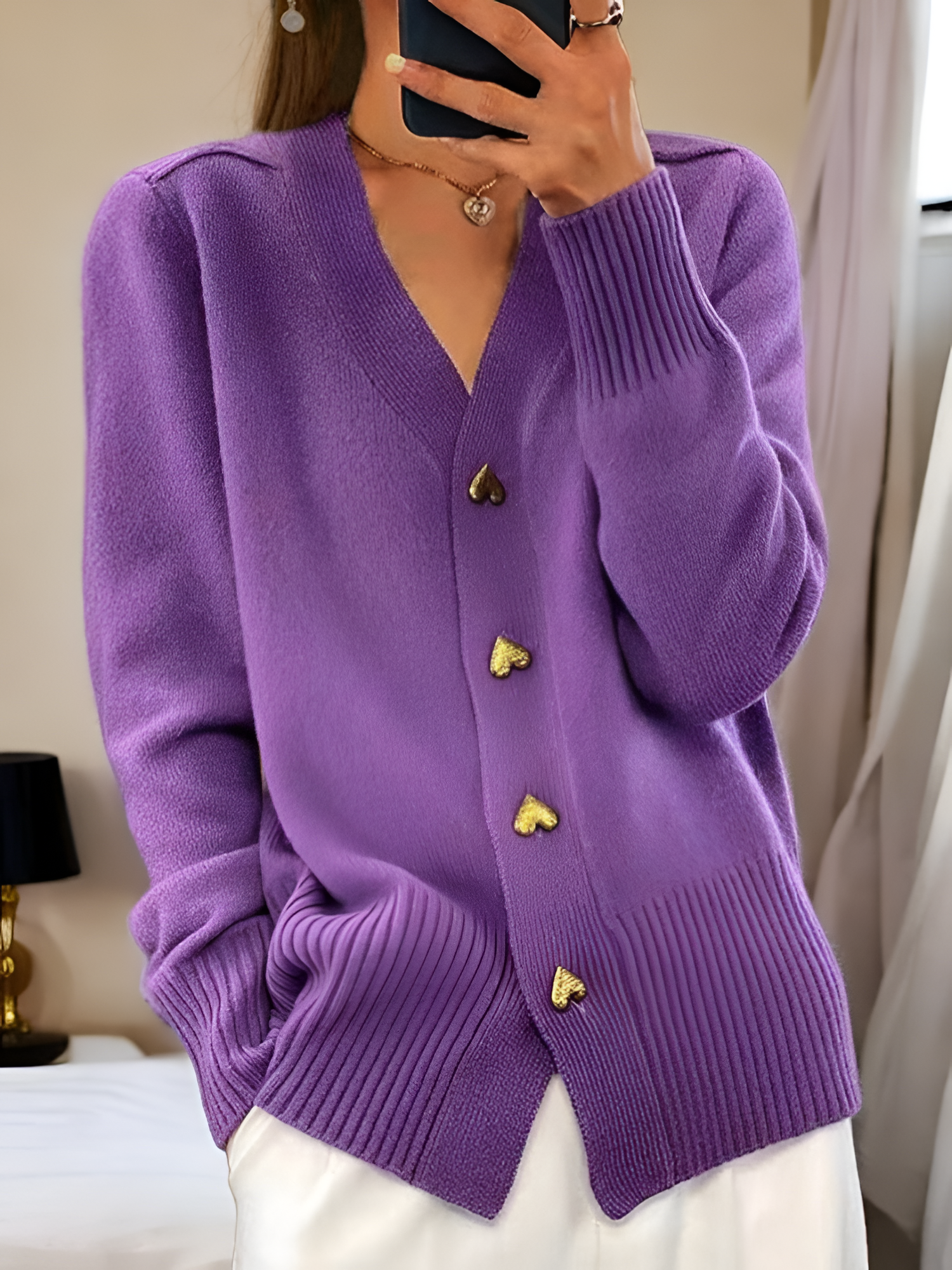 Women's V Neck Gold Heart Button Cardigan - Casual Chic