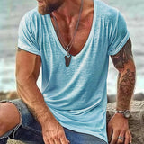 Men's Deep V-Neck T-Shirt Slub Texture Short Sleeve - Casual Wear