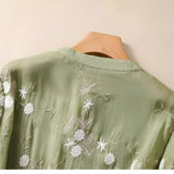 Women's Button-Down Blouse Floral Embroidery Sheer Trim - Casual Chic