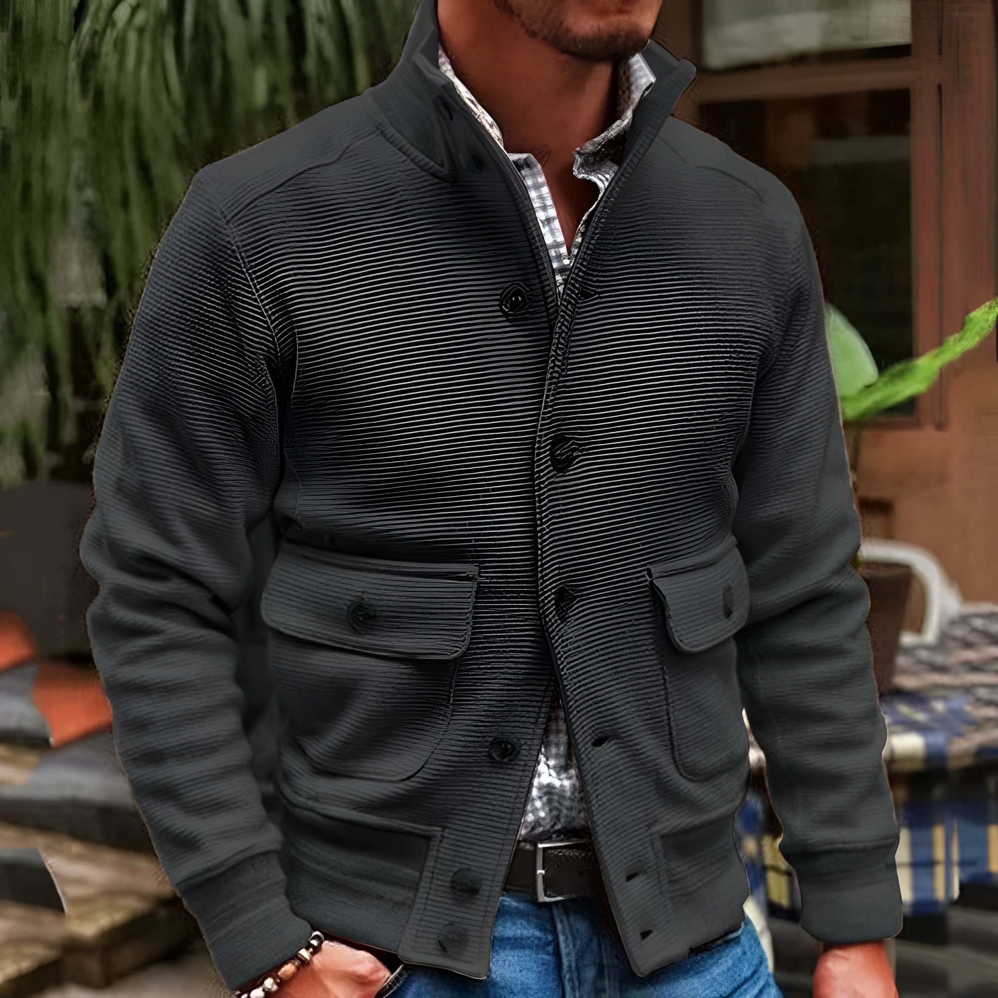 Men's Ribbed Stand Collar Button Jacket - Casual Everyday