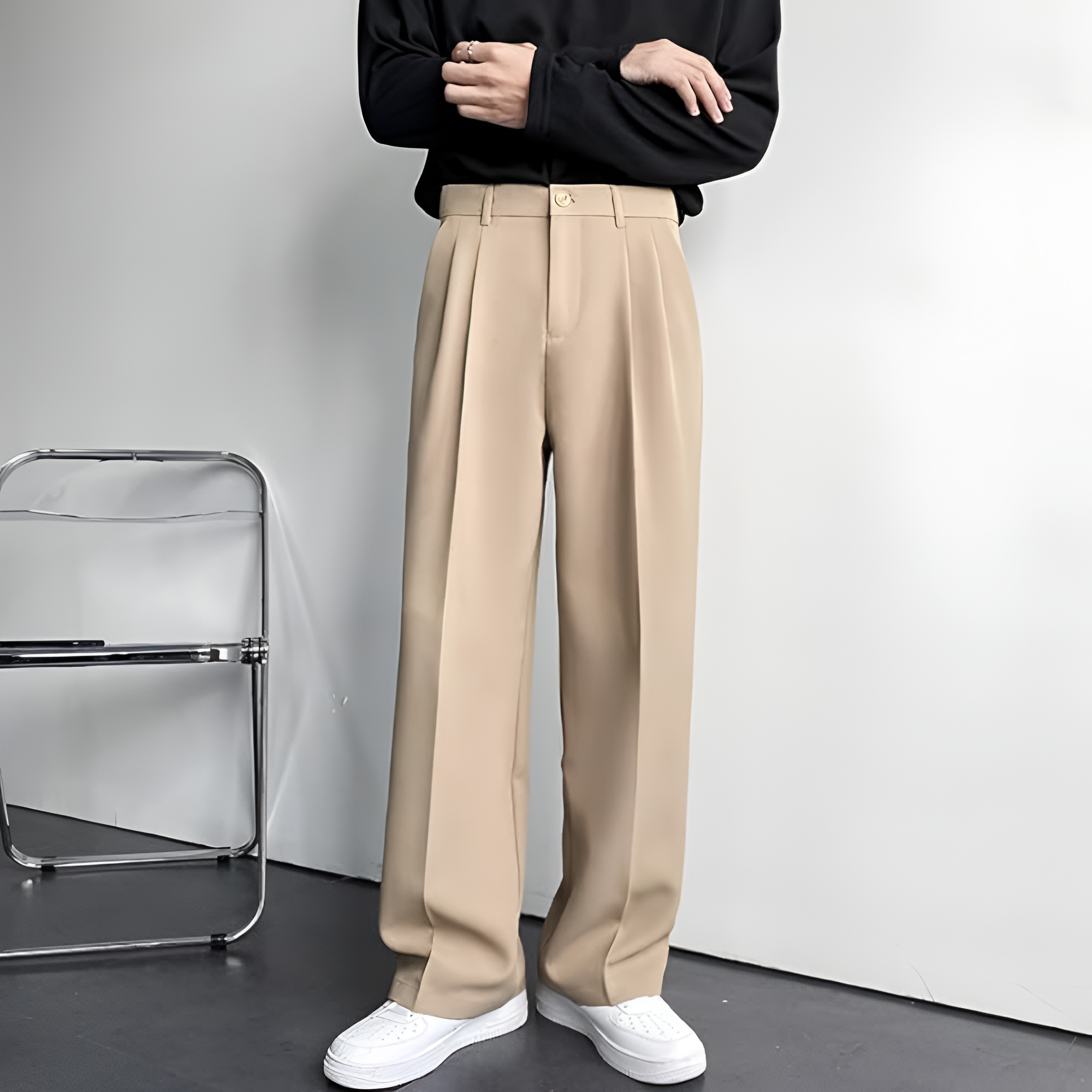Men's Pleated Wide Leg Trousers - Smart Casual Wear