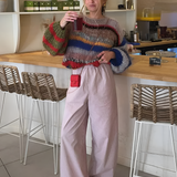 Women's Oversized Striped Chunky Knit Sweater - Casual Wear