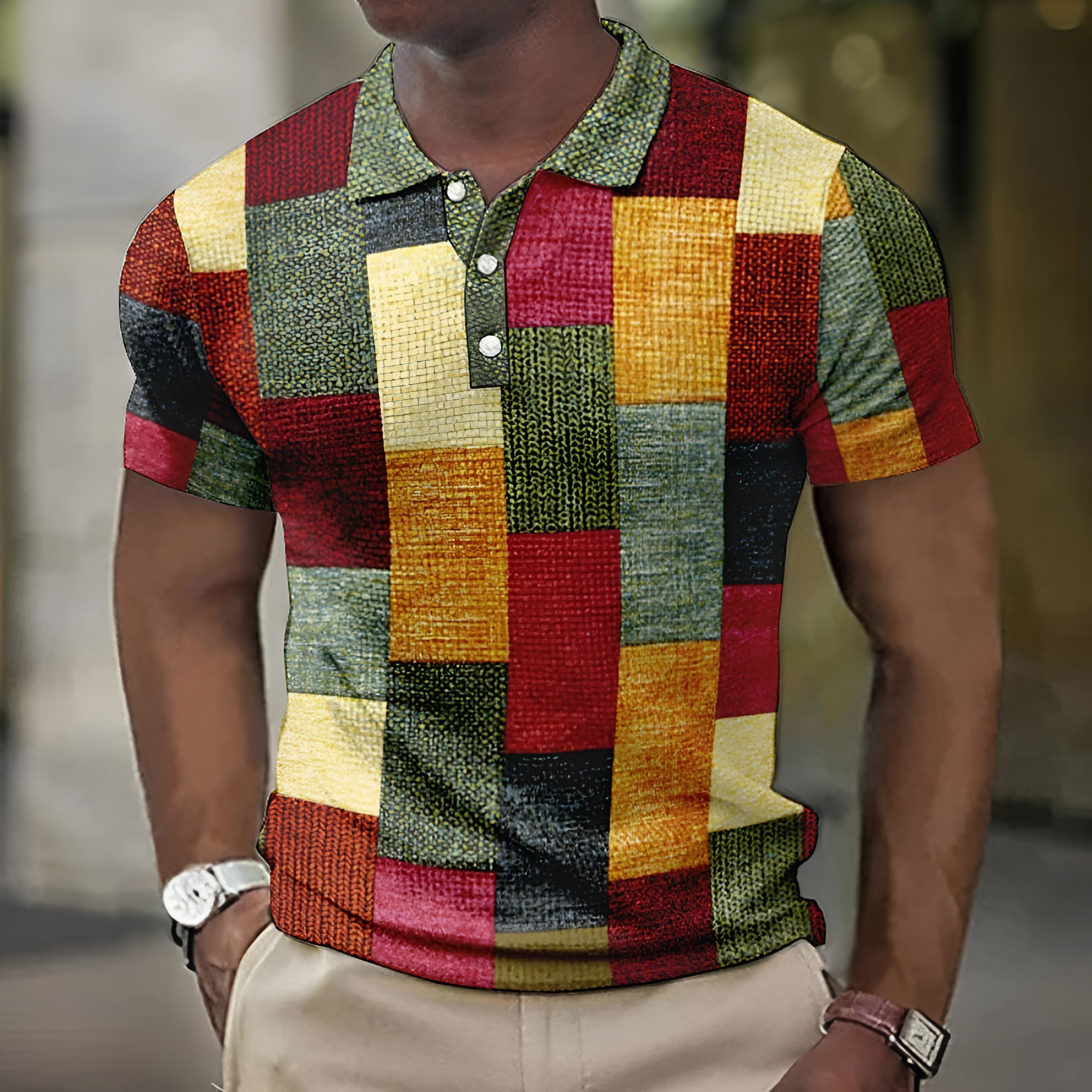 Men's Patchwork Print Polo Shirt - Casual Wear