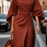 Women's Bell Sleeve Belted Wrap Dress - Professional Evening Wear