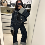 Women's Deep Wash Cuffed Jacket Set - Casual Streetwear