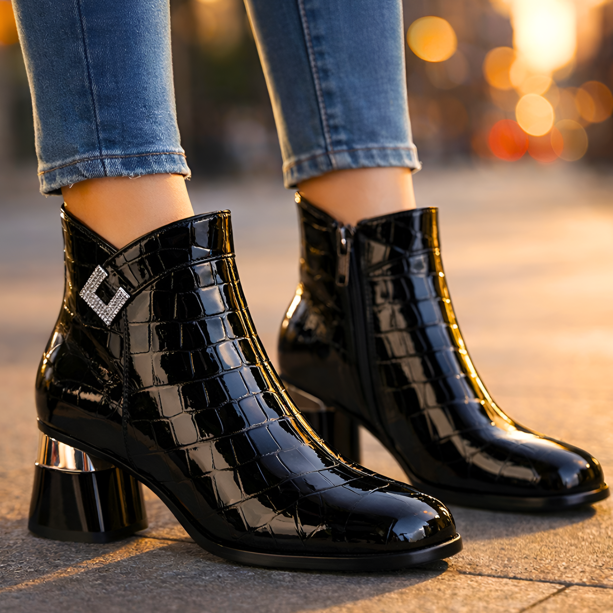 Women's Croc Block Heel Ankle Boots - Date Night