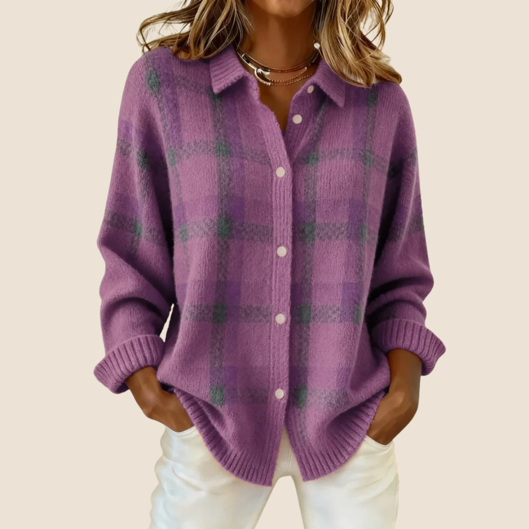 Womens Button-Up Sweater Plaid Pattern Relaxed Fit - Casual Wear