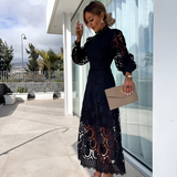 Women's High Neck Puff Sleeve Midi Dress - Wedding Guest