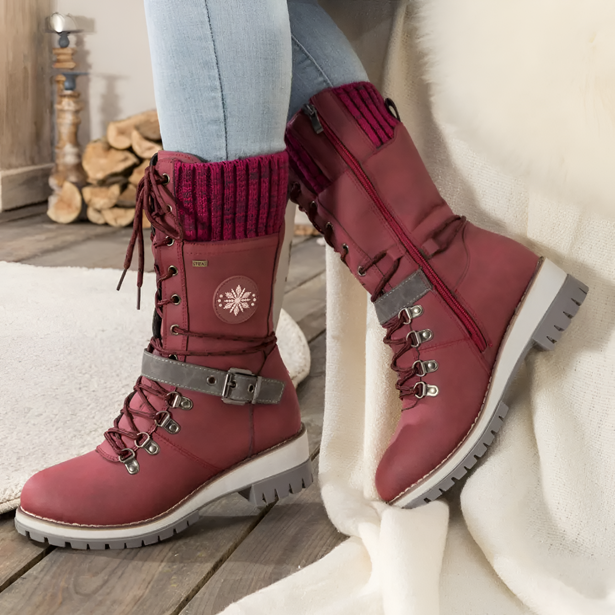 Women's Lace Up Buckle Mid Calf Boots - Winter Casual