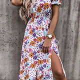 Women's Floral Side Slit Midi Dress - Summer Casual Wear