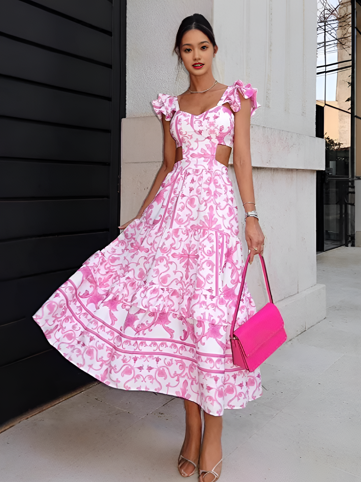 Women's Ruffle Sleeve Cutout Maxi Dress - Summer Occasion