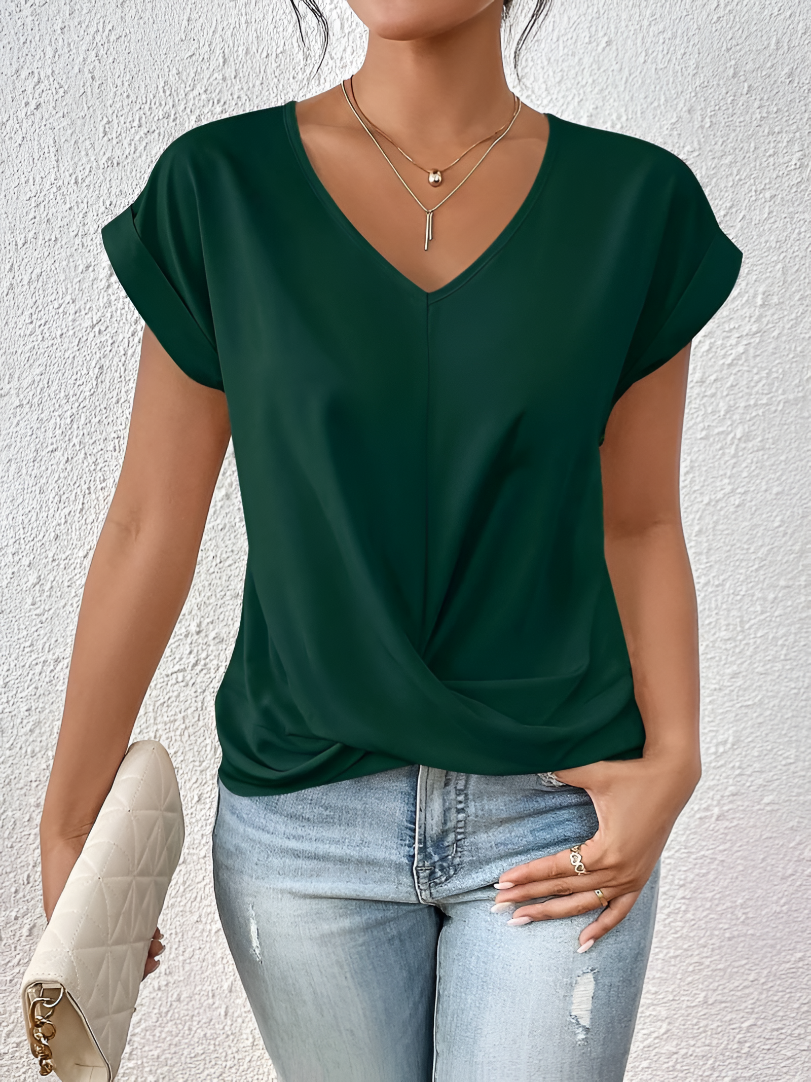 Women's V-Neck Twisted Hem T-Shirt - Casual Daily Wear