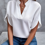 Women's Flutter Sleeve Split Neck Blouse - Office Wear
