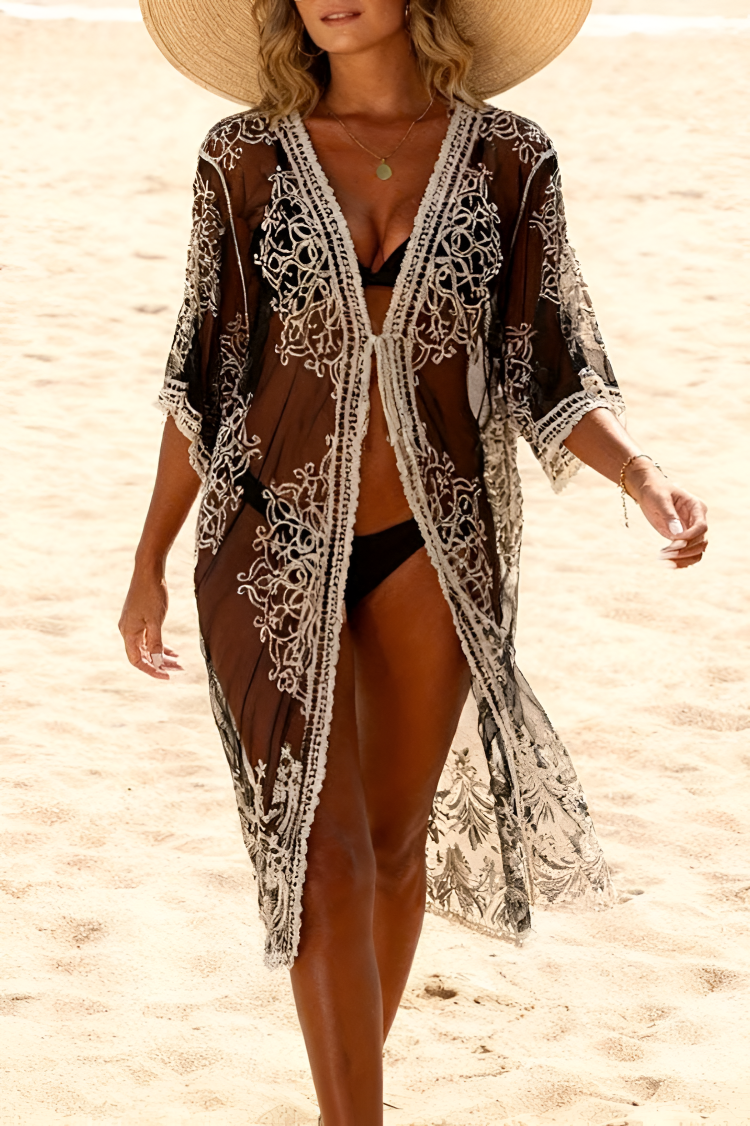 Women's Embroidered Mesh Long Cover Up - Beach Vacation