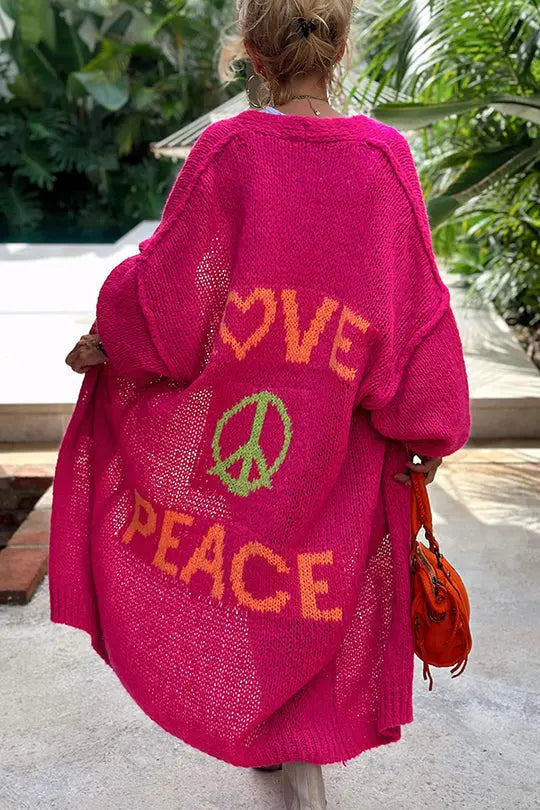 Women's Knit Oversized Love Peace Cardigan - Casual Wear