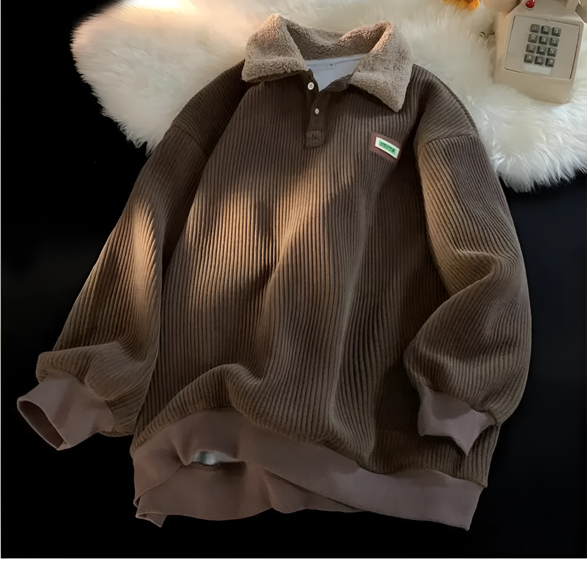 Men's Corduroy Fleece Lined Polo Sweatshirt - Casual Winter Wear